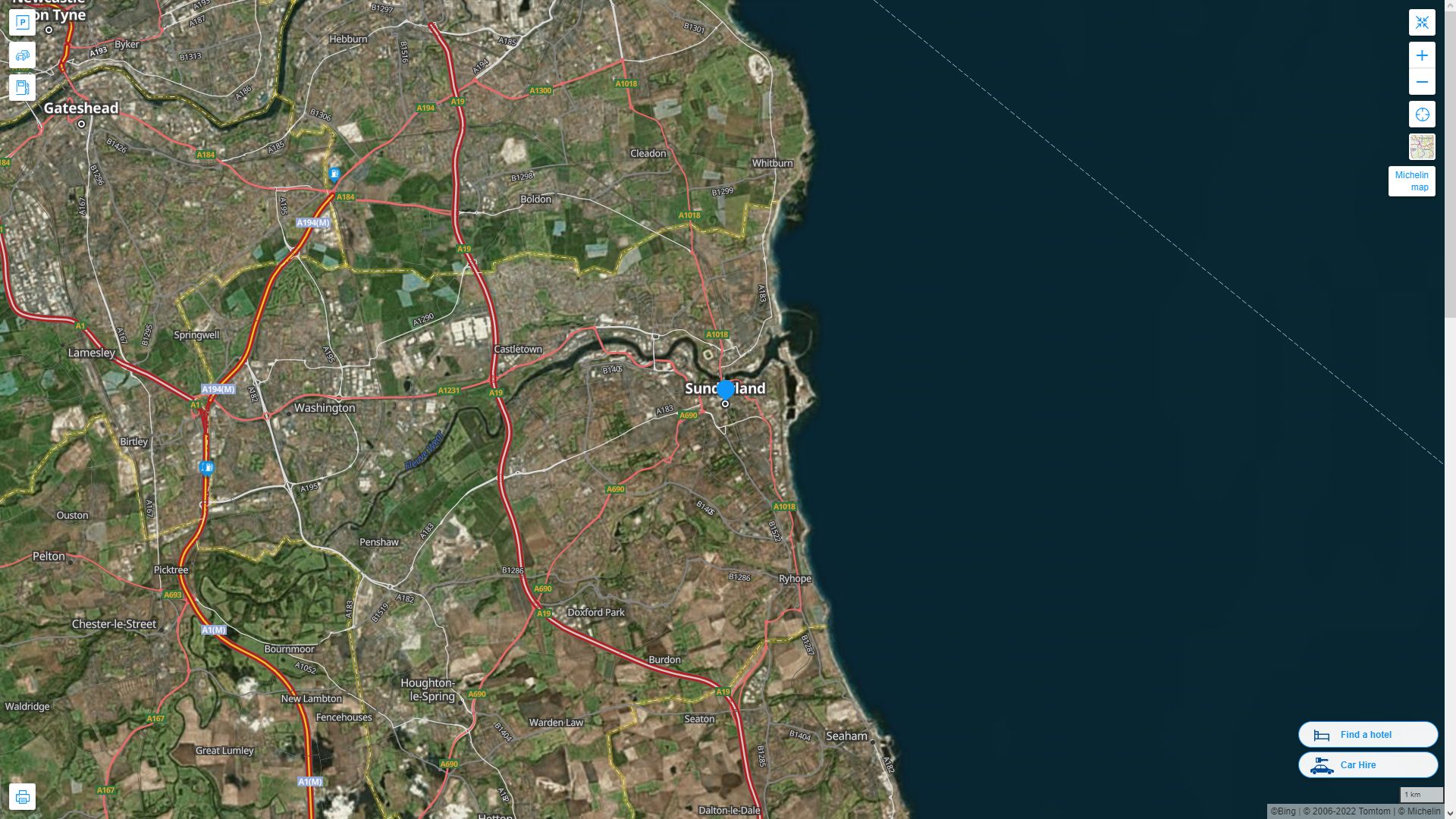 Sunderland Highway and Road Map with Satellite View